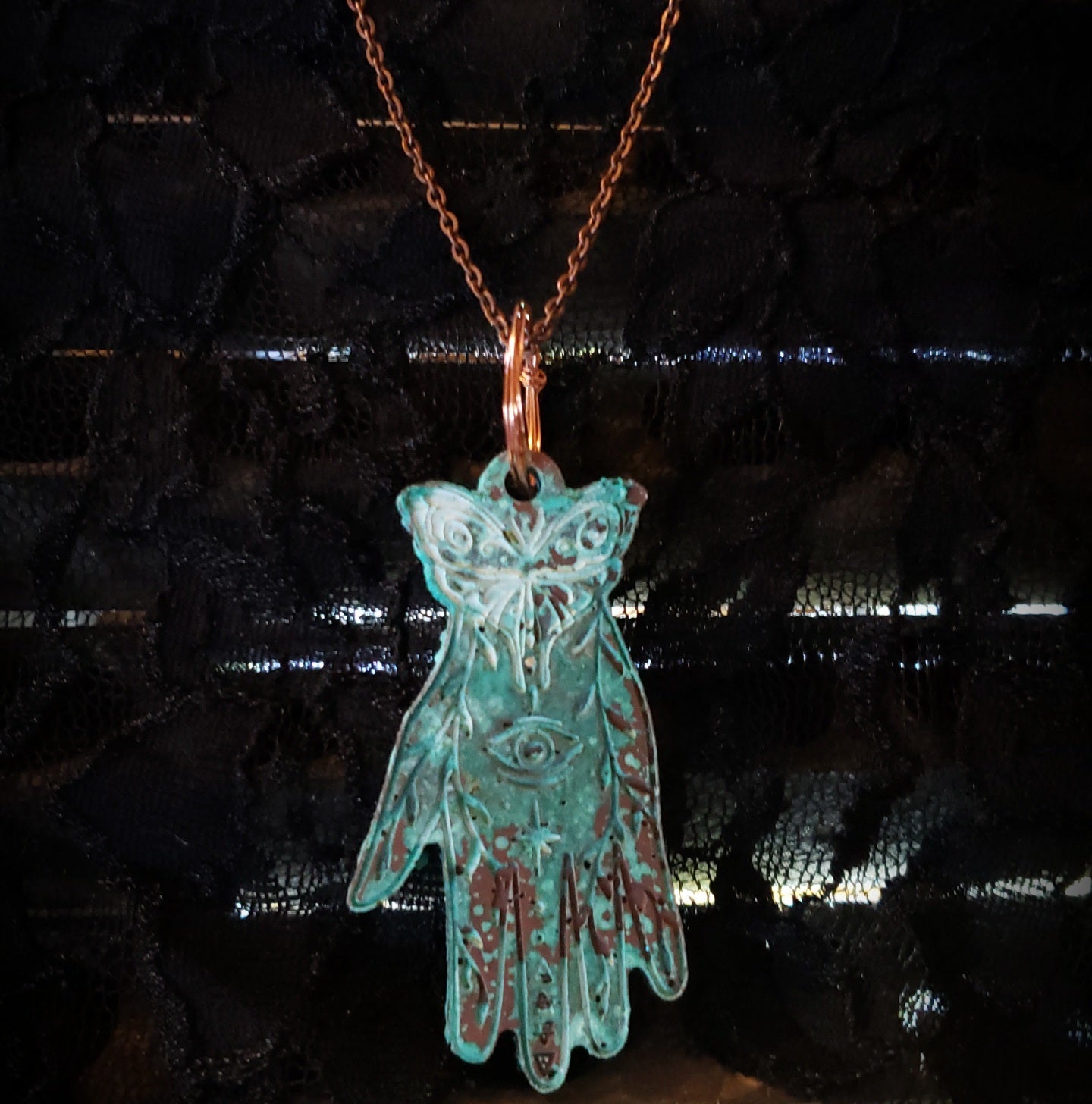 Copper Patina Magic Hand Necklace