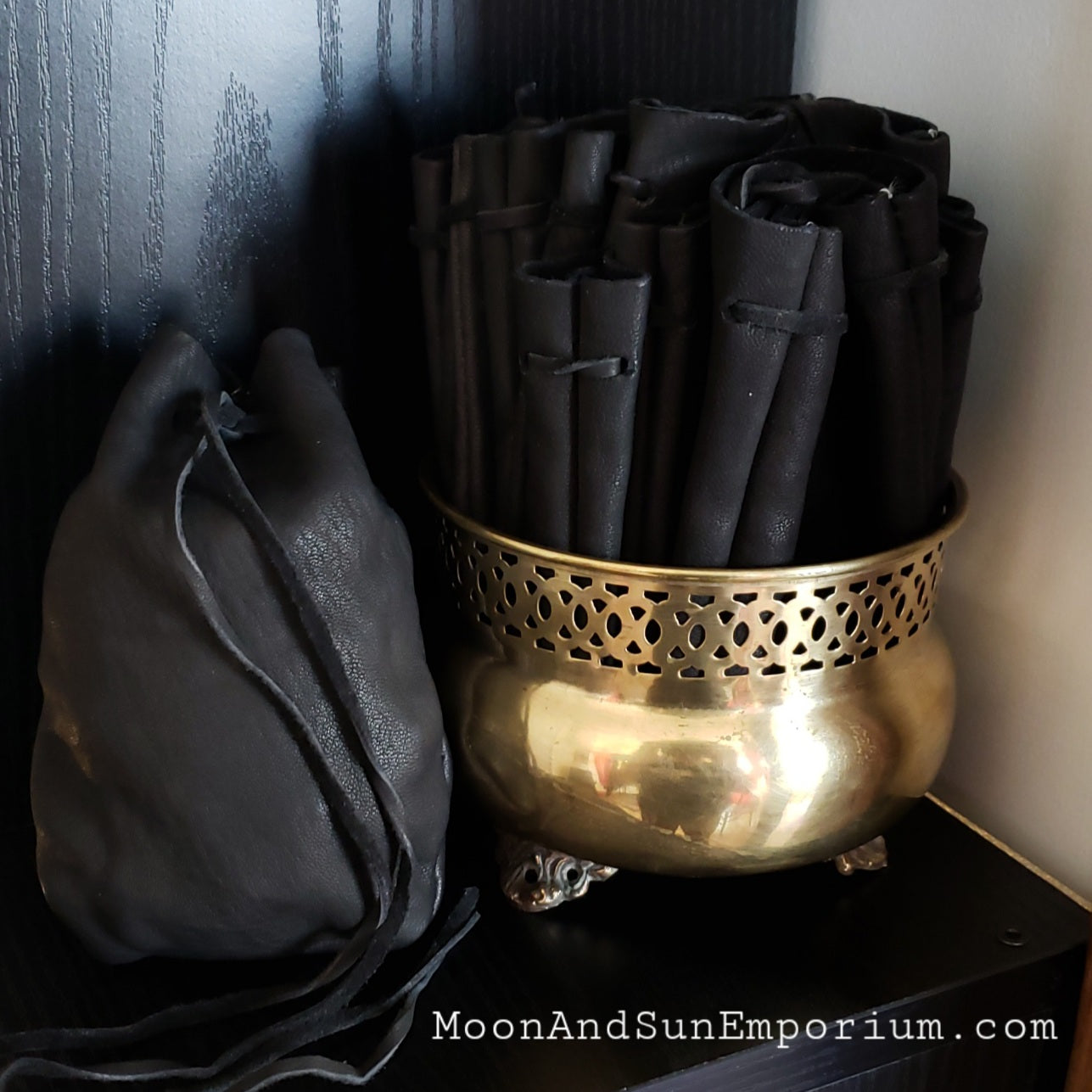 Black Goat Leather Drawstring Bag