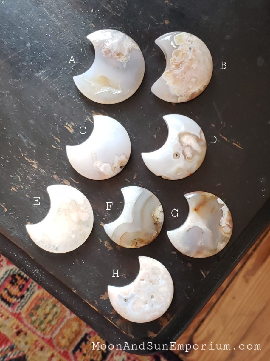 Flower Agate Carved Crystal Crescent Moon